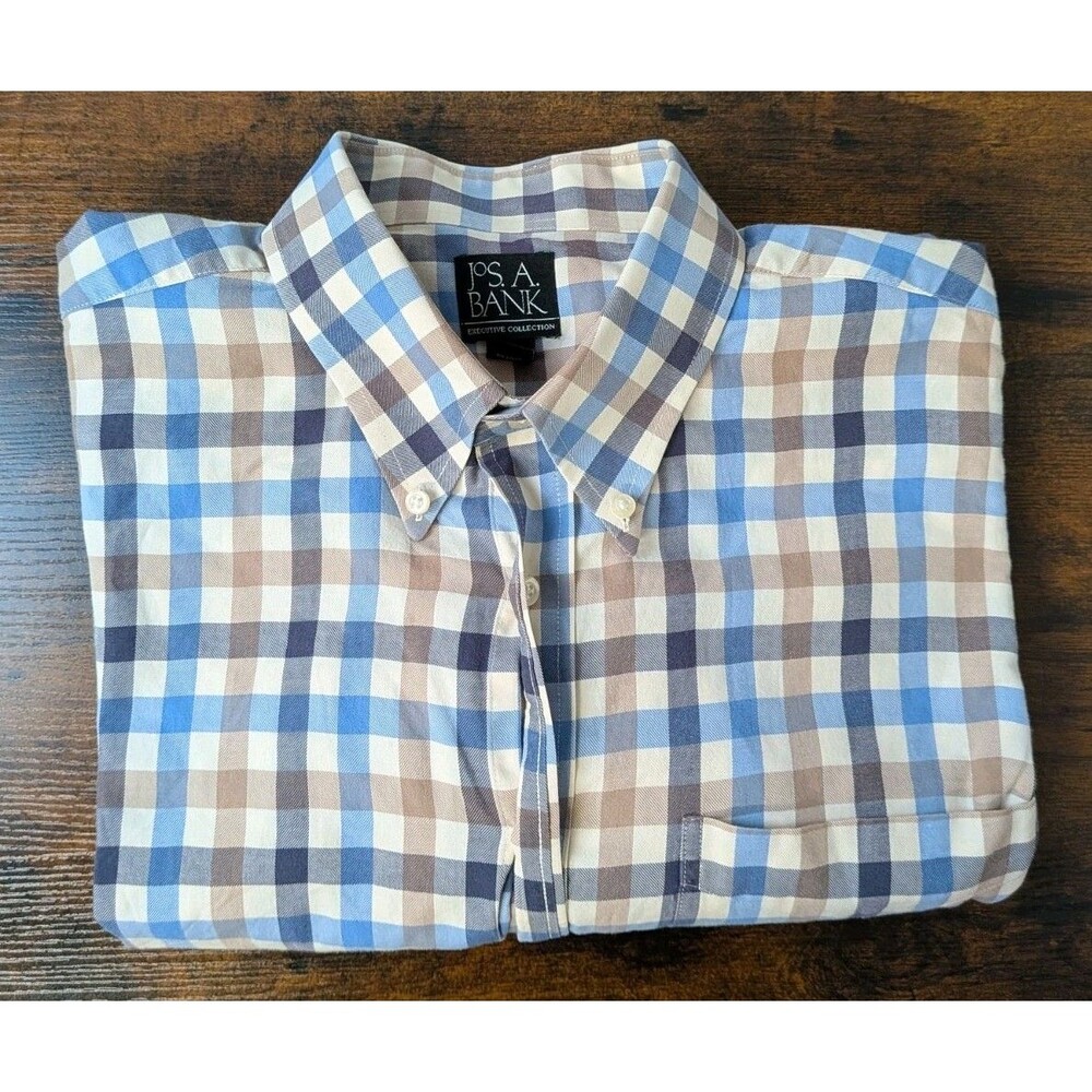 Jos. A. Bank Executive Collection Button Up Shirt‎ Brown Tan Blue Plaid XL